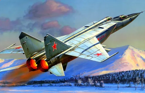 Самолет, рисунок, жирнов, миг-25п, ВВС СССР, сверхзвуковой высотный истребитель-перехватчик, Микоян-Гуревич