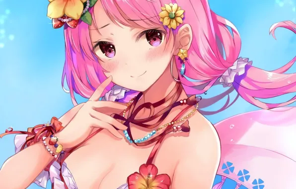Girl, sexy, cleavage, blouse, pink hair, long hair, boobs, anime