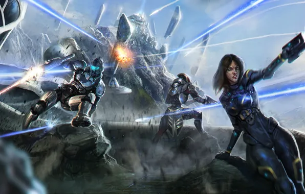Картинка оружие, скалы, арт, броня, битва, shepard, Mass Effect, выстрелы