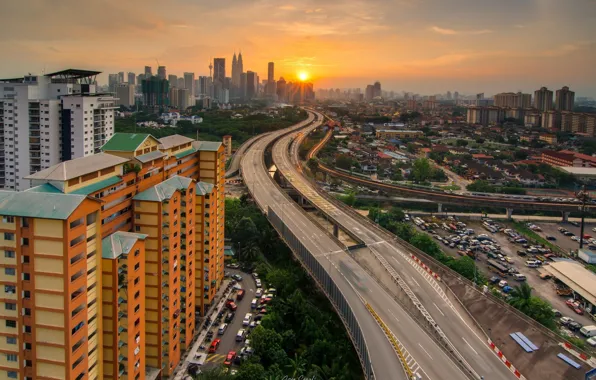 Дорога, закат, город, Малайзия, Куала Лумпур