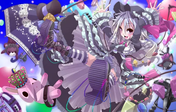 Полет, воздушные шары, зонт, корона, ботинки, платье, браслеты, touhou