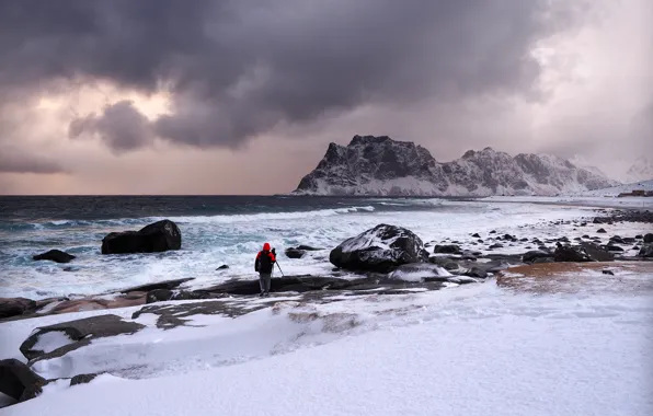 Море, шторм, берег, Norway, Nordland, Haukland