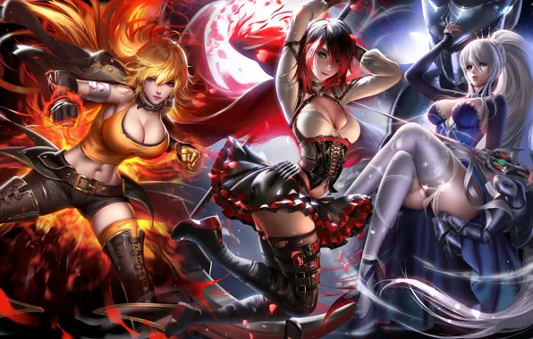 Девушки, ruby rose, yang xiao long, weiss schnee, by liang xing, rooster teeth, красный белый …
