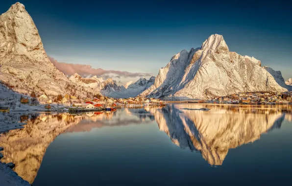 Картинка горы, отражение, деревня, Норвегия, Norway, фьорд, Нурланн, Лофотенские острова