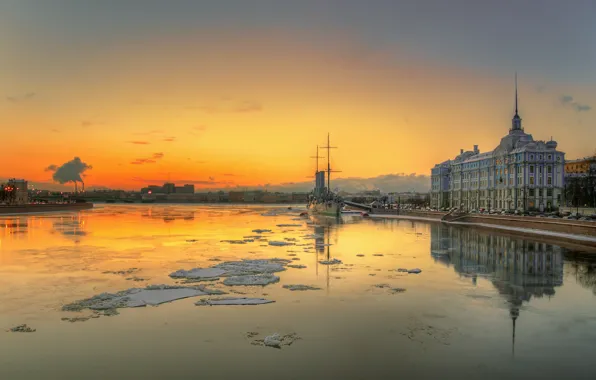 Картинка вода, берег, корабль, здания, Аврора, набережная, Нева, Санкт Петербург