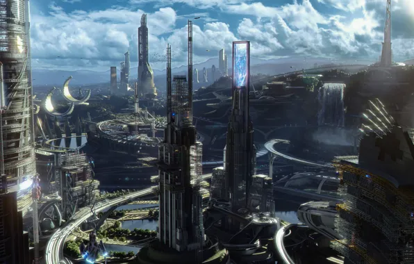 Скачать Обои Город, Люди, Фантастика, Tomorrowland, Земля Будущего.