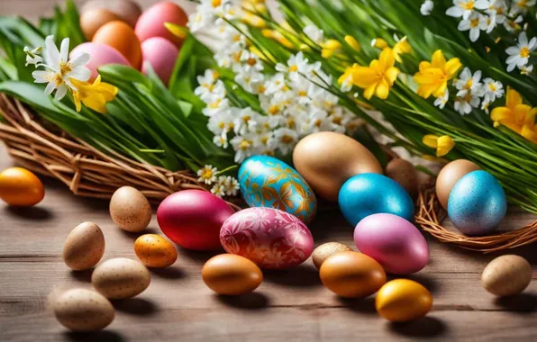 Картинка цветы, яйца, весна, colorful, Пасха, happy, flowers, spring