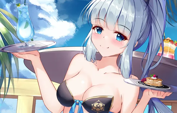 Girl, sexy, cleavage, beach, sky, long hair, boobs, anime