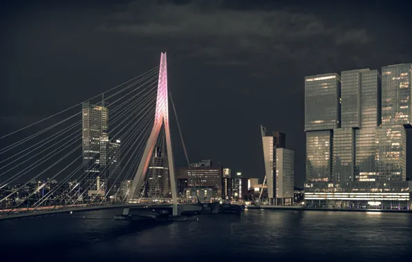 Картинка river, bridge, night, Netherlands, architecture, building, cityscape, rotterdam