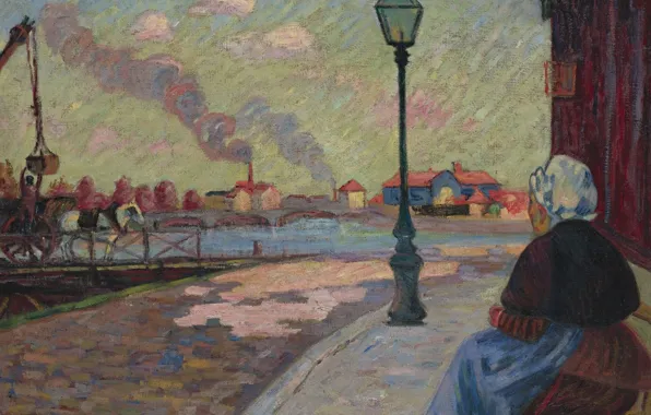 Картинка река, улица, картина, фонарь, городской пейзаж, Арман Гийомен, Armand Guillaumin, Сена в Шарантоне