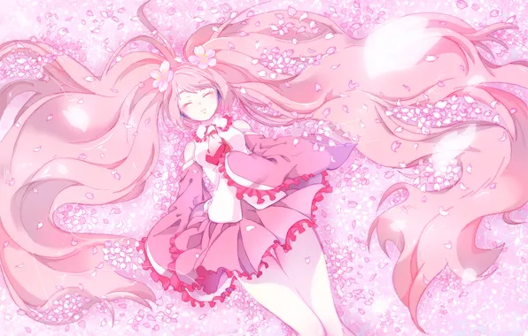 Девушка, цветы, вишня, аниме, лепестки, Hatsune Miku, розовый фон, Vocaloid