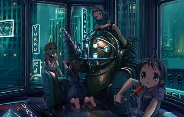 Bioshock, armor, girls, anime, town, diving suit