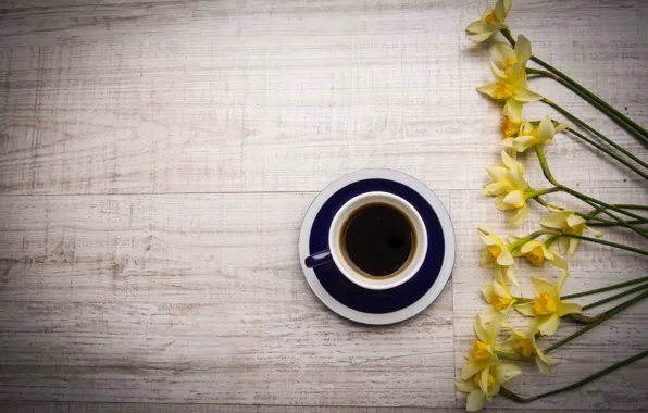 Цветы, кофе, напиток, flowers, нарциссы, coffee