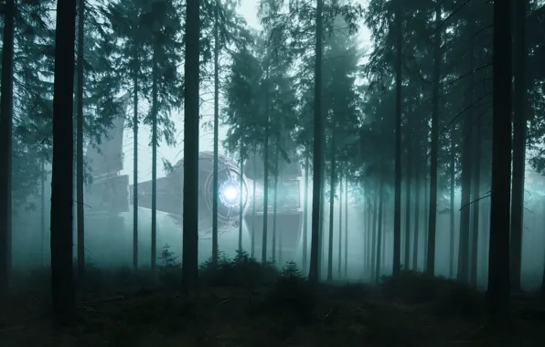 Картинка лес, свет, деревья, ночь, туман, фантастика, корабль, НЛО