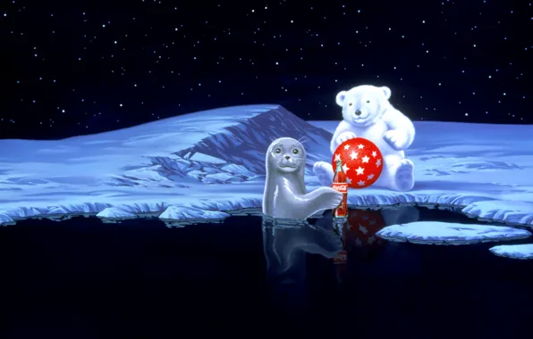 Картинка вода, звезды, снег, красный, мяч, тюлень, мишка, coca-cola