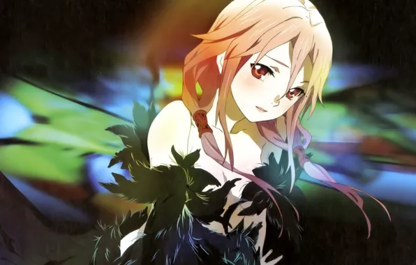 Взгляд, листья, girl, Anime, inori, смущение