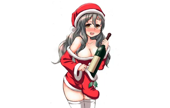 Картинка girl, sexy, Christmas, cleavage, thighhighs, long hair, dress, brown eyes