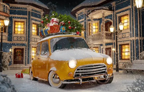 Картинка зима, авто, снег, снежинки, желтый, абстракция, ретро, фон