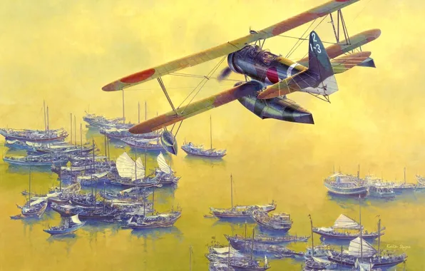 Картинка море, небо, вода, лодка, рисунок, арт, ВМФ, WW2
