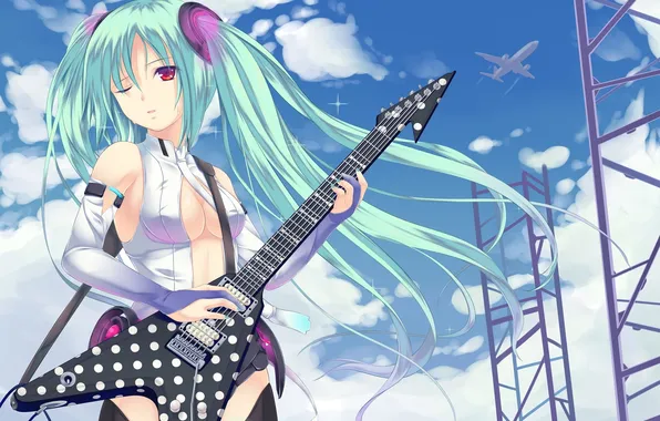 Небо, девушка, облака, самолет, гитара, vocaloid, hatsune miku, вокалоид