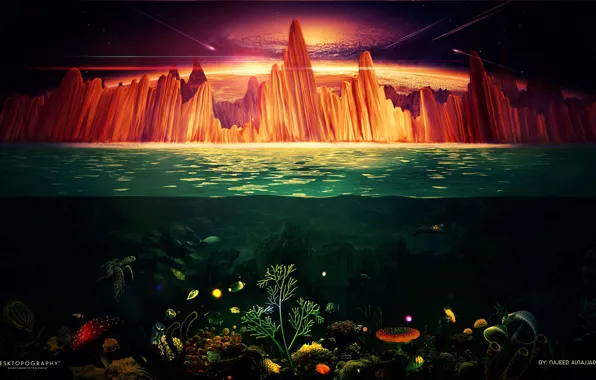 Картинка море, небо, скалы, черепаха, свечение, кораллы, метеориты, подводный мир