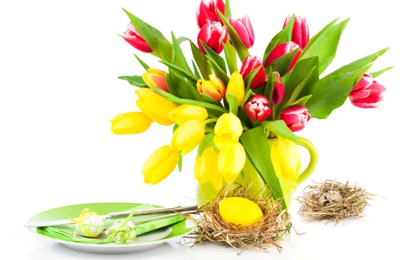Картинка яйца, весна, желтые, тарелка, пасха, тюльпаны, розовые, Easter