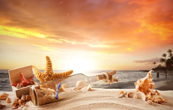 Картинка песок, море, пляж, звезды, бутылка, шкатулка, ракушки, морские