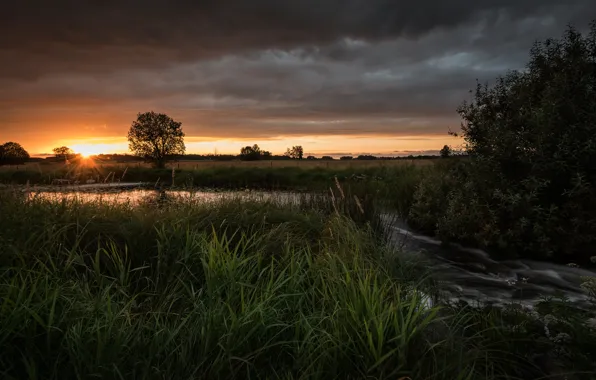 Картинка поле, закат, река