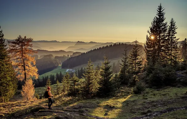 Осень, солнце, лучи, пейзаж, горы, природа, туман, Альпы