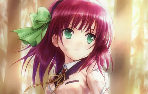 Порезы, форма, бант, зеленые глаза, красные волосы, angel beats, yuri nakamura