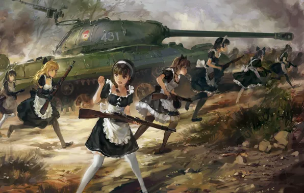 Картинка оружие, upscale, арт, аниме, танк ИС-3, hjl, винтовка ППШ-41, карабин Мосина, девушки, горничная