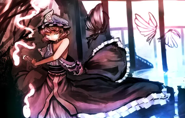 Девушка, бабочки, улыбка, оружие, настроение, катана, touhou, art