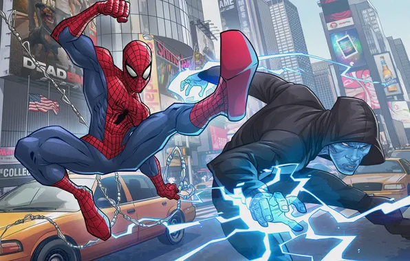 Рисунок, арт, Electro, Peter Parker, PatrickBrown, Max Dillon, The Amazing Spider-man 2