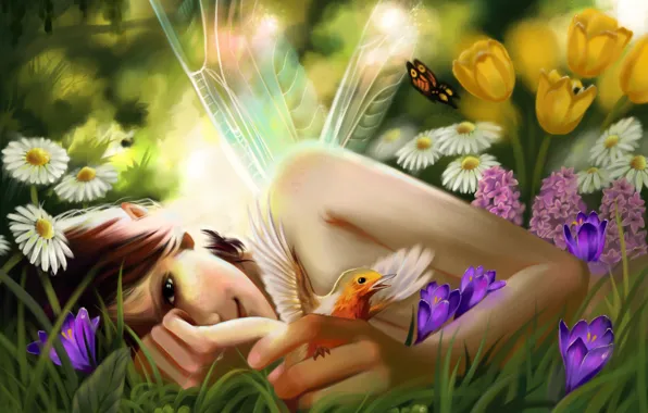 Лето, девушка, цветы, птица, бабочка, фея, by Ka-Wo