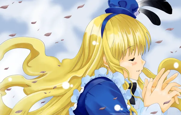 Ветер, шляпка, Alice in Wonderland, длинные волосы, лепестки роз, Алиса в Стране Чудес, Alice, закрытые …