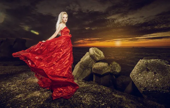 Картинка море, девушка, закат, стиль, камни, платье, азиатка, красное платье