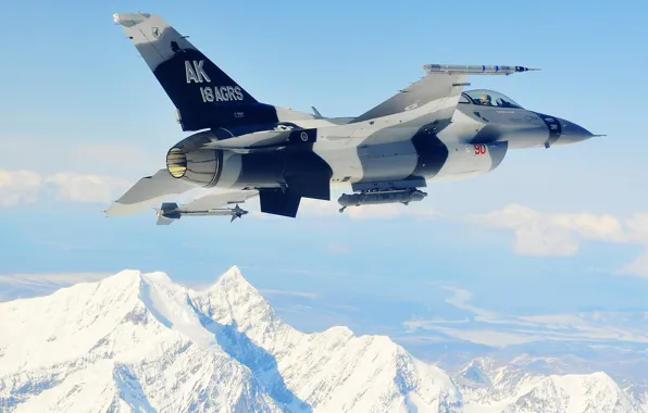 Картинка горы, истребитель, полёт, F-16, Fighting Falcon, многоцелевой, «Файтинг Фалкон»