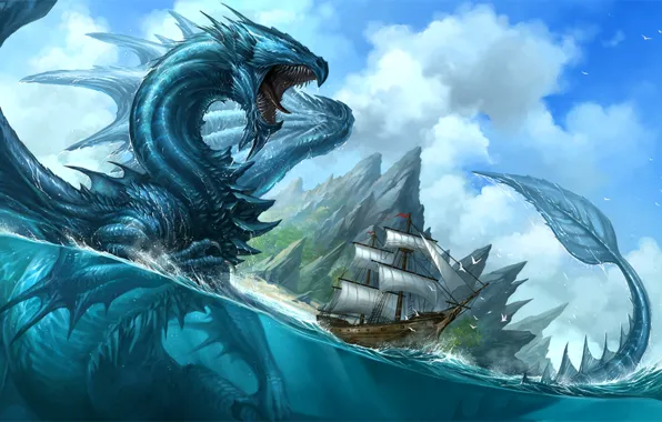 Картинка море, вода, дракон, корабль, фэнтези, арт