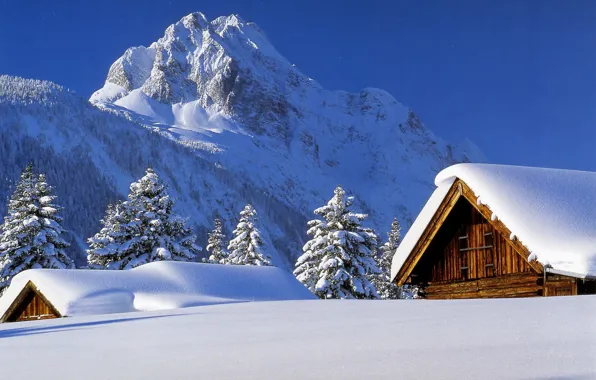 Картинка зима, снег, Горы, крыши, домики