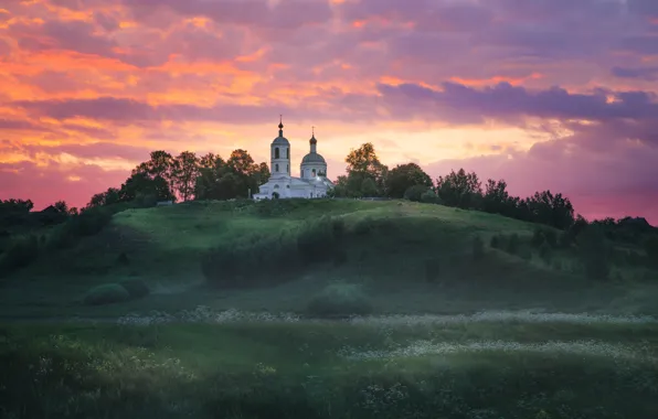 Поле, закат, холм, церковь