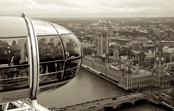 Bridge, people, houses, London, black and white, London Eye, Big Ben, buildings