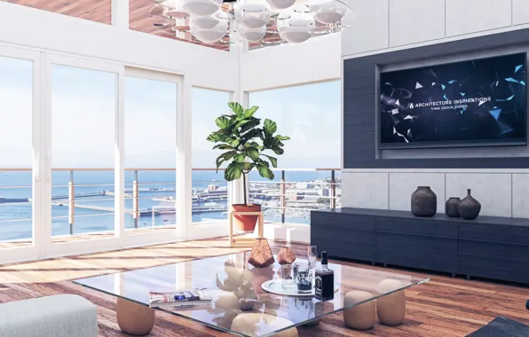 Дизайн, стиль, интерьер, гостиная, Modern living room, вид на пристань, view of pier