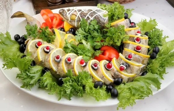 Лимон, рыба, салат, маслины, фаршированная, судак