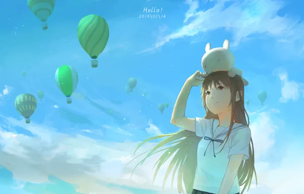 Картинка небо, девушка, облака, улыбка, воздушные шары, аниме, арт, exe336