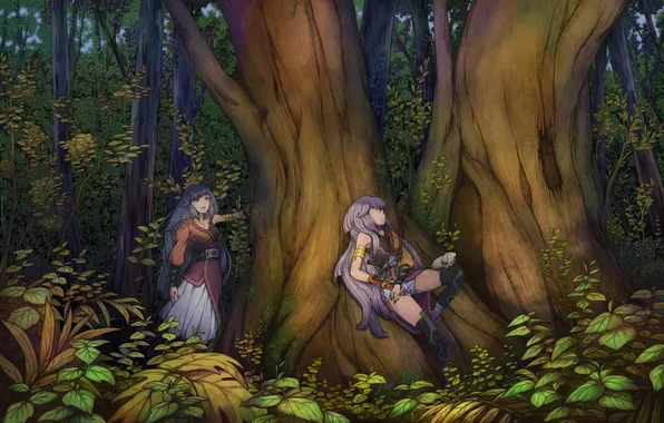 Картинка лес, листья, деревья, животное, девочки