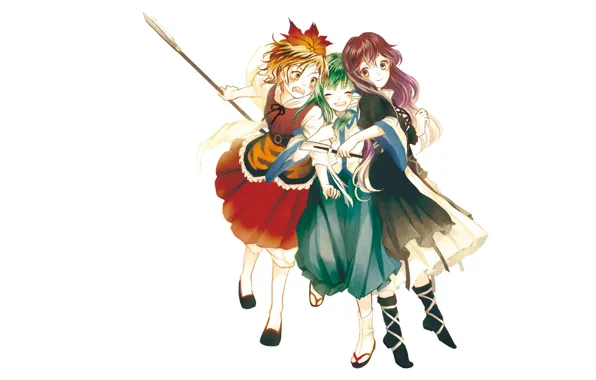 Улыбка, белый фон, зеленые волосы, подруги, обнимает, Kochiya Sanae, Touhou Project, Проект Восток