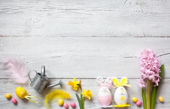 Картинка цветы, праздник, Пасха, wood, flowers, декор, Easter, eggs