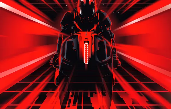 Фантастика, арт, шлем, гонщик, красный фон, Tron: Ares, Трон: Арес