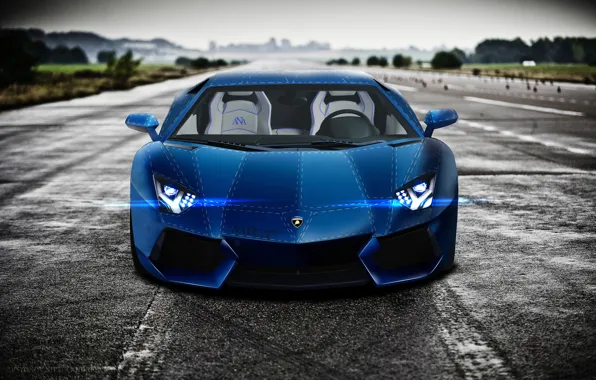 Синий, Lamborghini, blue, front, LP700-4, Aventador, LB834, взлётно-посадочная полоса