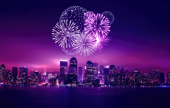 Картинка ночь, город, новый год, небоскребы, салют, Чикаго, США, Chicago